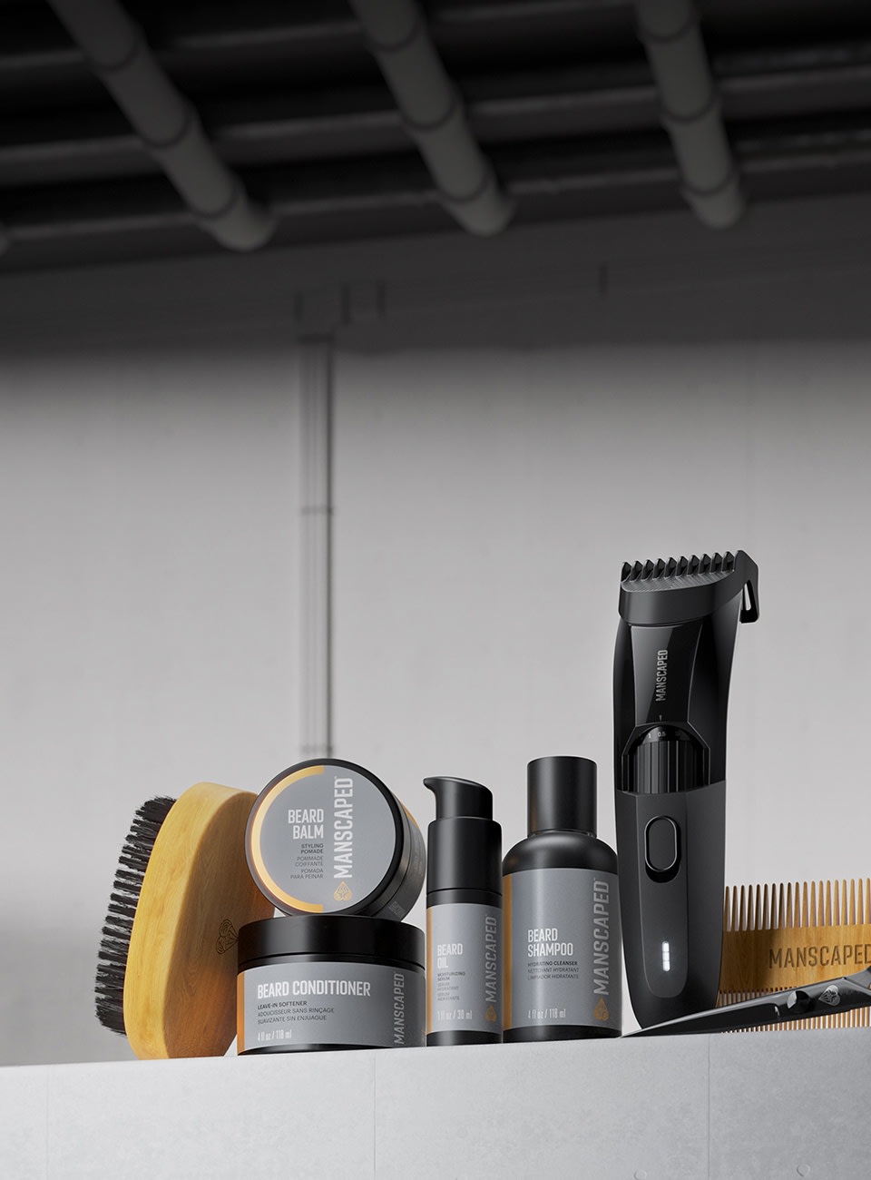 The Beard Hedger® Pro Kit with all products sitting on a shelf