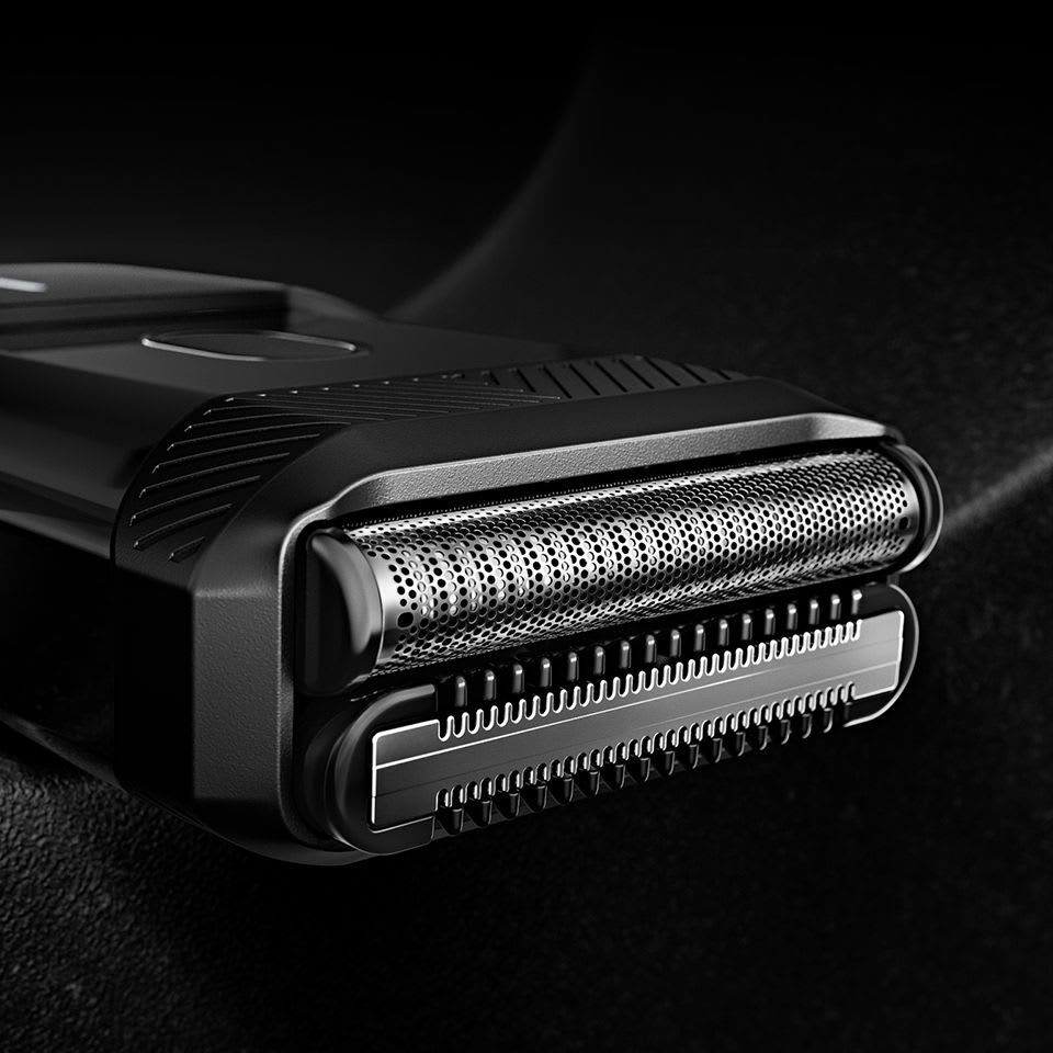 Close up view of the dual-action foil shaver blades on The Handyman™